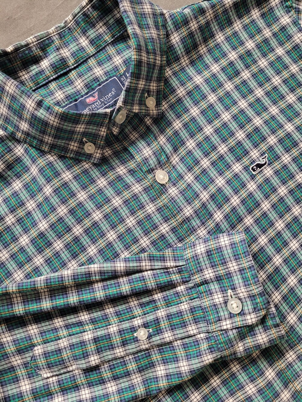Vineyard Vines Boys Large 16 Whale Shirt Green Blue Plaid Button Down